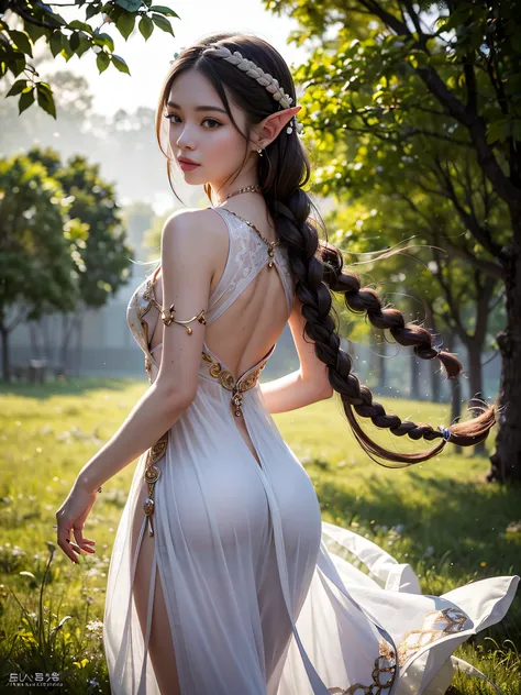 Graceful elven girl standing in meadow, Delicate face illuminated by the soft light of the setting sun. Her long, Flowing hair runs down your back, Decorated with intricate braids、Adorned with sparkling gemstones. This great photo is、、、It captures the ethe...