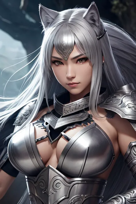 A Hyperrealistic, Silver Wolf female warrior, Weapons, Japanese Fantasy World, perfect face, Perfect Body, Detailed and Intrincated, HD