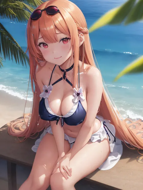 anime girl in bikini with long hair standing on beach, seductive anime girl, realistic bikini, swimsuit, marin kitagawa fanart, on a sunny day, attractive anime girl, smooth anime cg art, rin, beautiful anime girl, fine details. girls frontline, in a bikin...