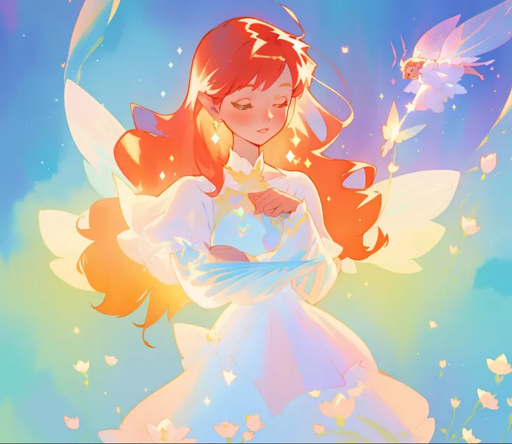 beautiful fairy girl in sparkling white layered dress, puffy flowing dress, sheer fluttering sleeves, ((sparkling fairy dress)), long red gold hair, colorful fantasia background, delicate white flowers, watercolor illustration, beautiful, masterpiece, best...