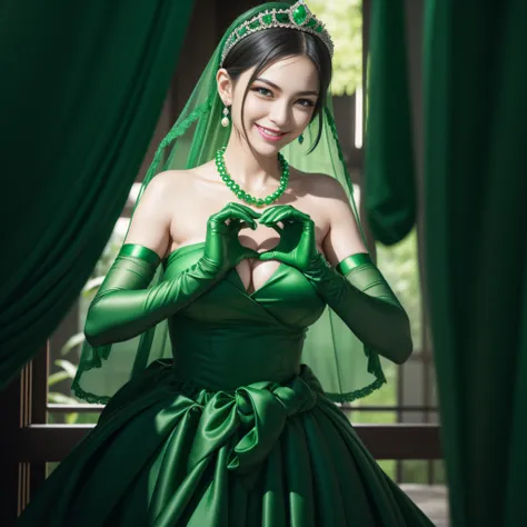 emerald tiara, Green Pearl Necklace, Boyish very short black hair, lipsticks, Japan woman smiling, very short short hair,  big breasts beautiful, Green eyes, Long green gloves made of satin material, Green eyes, Emerald Earrings, green vale, Heart with bot...