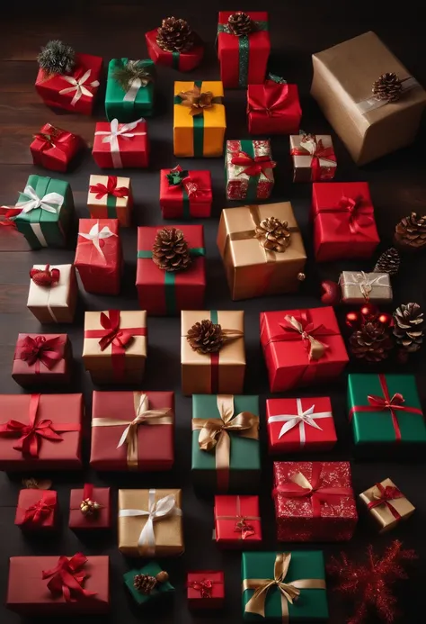 Capture a wide-angle shot of a variety of blank mockup Christmas gifts neatly arranged on a table, offering a range of options for customization