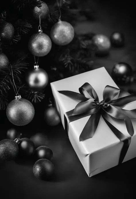 Capture a black and white image of a blank mockup Christmas gift, adding a timeless and elegant touch to the photo