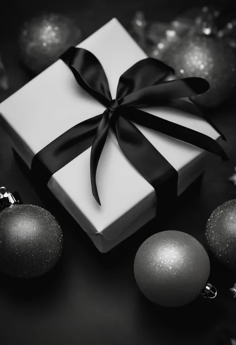 Capture a black and white image of a blank mockup Christmas gift, adding a timeless and elegant touch to the photo