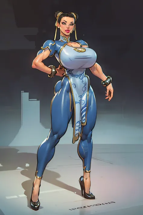 Full body view, Chun-li, from street fighter,(big breast:1.5),dynamic poses, totally wide open her chest,super perfect body curve, hair ribbons, twin hair buns, (gigantic breasts:1.1), S-shaped body,anime waifu (18 years old)-hot daddy-frivolity-body langu...