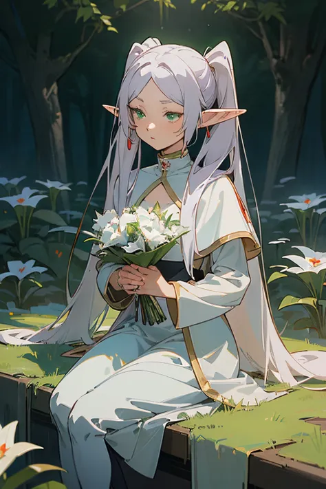 ((Frieren)), ((Masterpiece)), (Anime:1.5), (High Definition), (cowboy shot), (Professional Photography:1.2), (cinematic lighting),1girl, solo, (flat body), (hold a bouquet, sitting), beautiful, elf, pointy ears, white hair, ((very long twintails)), green e...