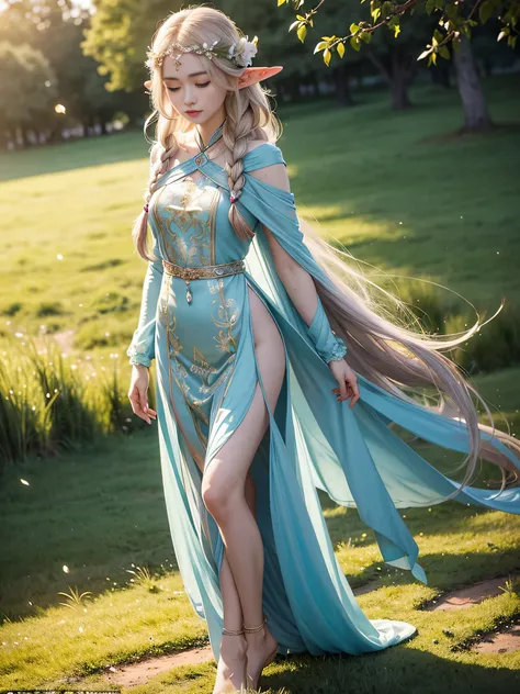 Graceful elven girl standing in meadow, Delicate face illuminated by the soft light of the setting sun. Her long, Flowing hair runs down your back, Decorated with intricate braids、Adorned with sparkling gemstones. This great photo is、、、It captures the ethe...