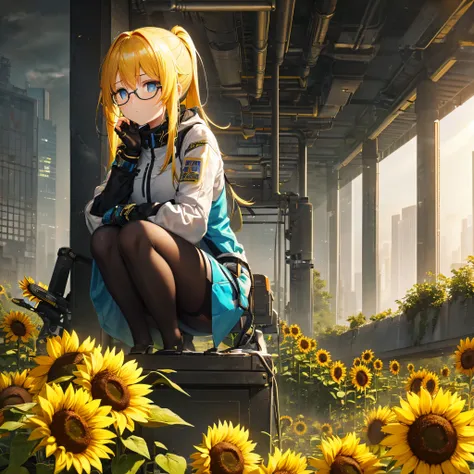 Picture the girl, her blonde hair styled in two side ponytails, crouched down in the cyberpunk environment, her gaze fixated on the solitary sunflower that has defiantly sprouted amidst the machinery. The round glasses accentuate the captivating blue of he...