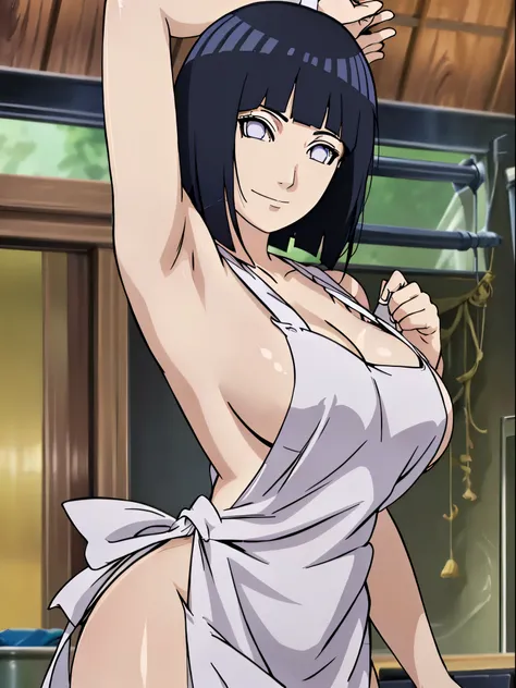 naked wearing white  apron only,, ((thick arm, little biceps)), , stretching , anime style, cute , beautiful , nice body, soft body, (hinata(boruto),  (slender body), mature woman , broad shoulders, off-shoulders, (naked wearing white  apron only,  bare ar...