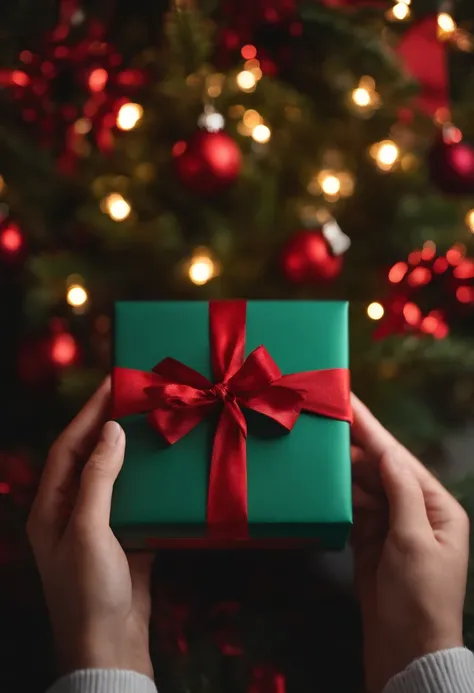 Capture a creative shot of a blank mockup Christmas gift being held by a person, showcasing the potential for personalization and customization