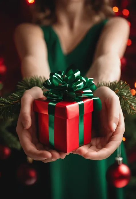 Capture a creative shot of a blank mockup Christmas gift being held by a person, showcasing the potential for personalization and customization