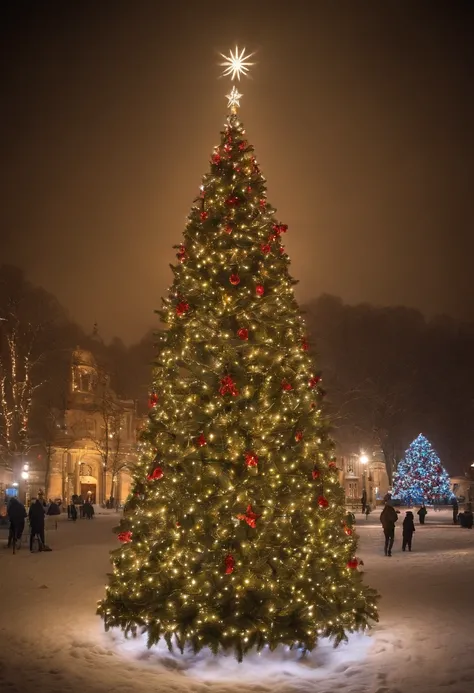 Capture a wide-angle shot of a towering outdoor Christmas tree in a city square, displaying its grandeur and illuminating the surrounding area