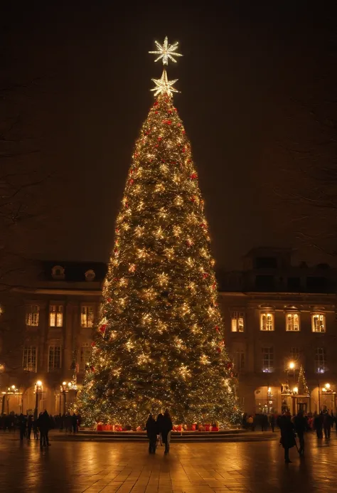 Capture a wide-angle shot of a towering outdoor Christmas tree in a city square, displaying its grandeur and illuminating the surrounding area