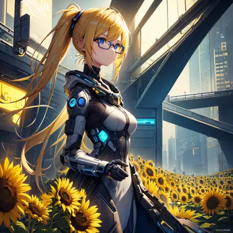 Envision the girl with blonde hair, her two ponytails cascading gracefully over her shoulders, as she stands amidst the cyberpunk-inspired environment. Her round glasses accentuate the captivating blue of her eyes, reflecting a mix of innocence and curiosi...