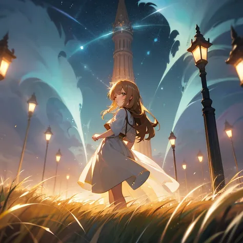 animesque　Fantastical　starrysky　Chestnut haired girl in a white dress　retro street lamp　grass field　sacred place　Particles of light