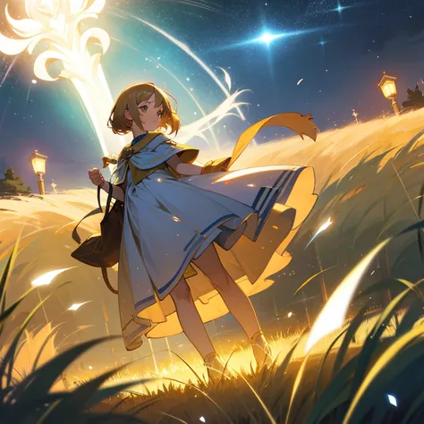 animesque　Fantastical　starrysky　Chestnut haired girl in a white dress　retro street lamp　grass field　sacred place　Particles of light