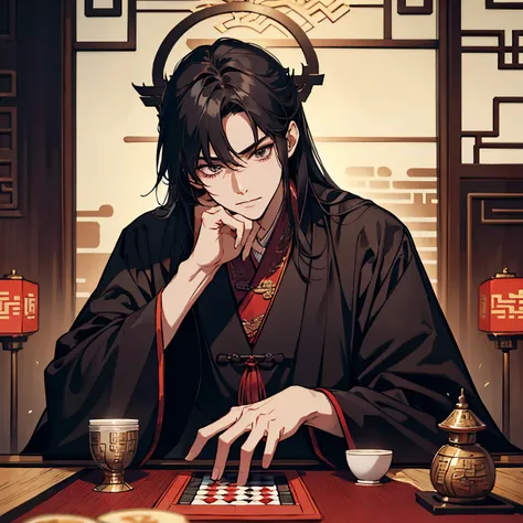 ember, plays go, go board,  sitting at the table, places a go chip, Chinese mian on the head, black robes, hanfu, hairlong, black  hair, kblack eyes, Skinny face, manly, A young, emperor, sovereign, relaxed pose, Haughty, smirk, pale, ancient China, All, X...