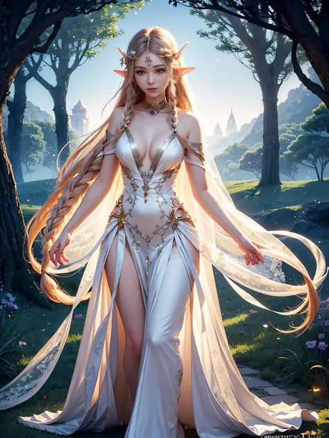 Graceful elven girl standing in meadow, Delicate face illuminated by the soft light of the setting sun. Her long, Flowing hair runs down your back, Decorated with intricate braids、Adorned with sparkling gemstones. This great photo is、、、It captures the ethe...