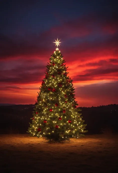 Capture a low-angle shot of an outdoor Christmas tree against a vibrant sunset or twilight sky, creating a stunning contrast between nature and man-made beauty.