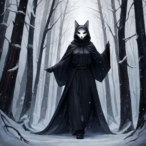 Hooded fox woman wearing a black cloak, cultists, white fox mask, dark forest, by bebebebebe, woman, female, solo, snowy forest, overcast, pointing to the right, looking at viewer