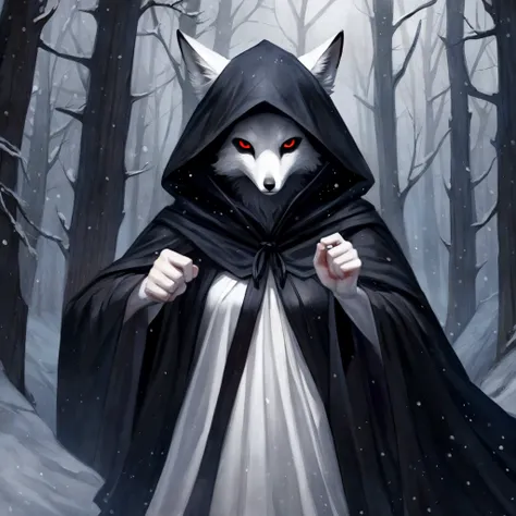 Hooded fox woman wearing a black cloak, cultists, white fox mask, dark forest, by bebebebebe, woman, female, solo, snowy forest, overcast, pointing to the right, looking at viewer