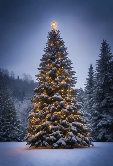 Capture a wide-angle shot of an outdoor Christmas tree in a snowy landscape, creating a serene and enchanting winter scene.