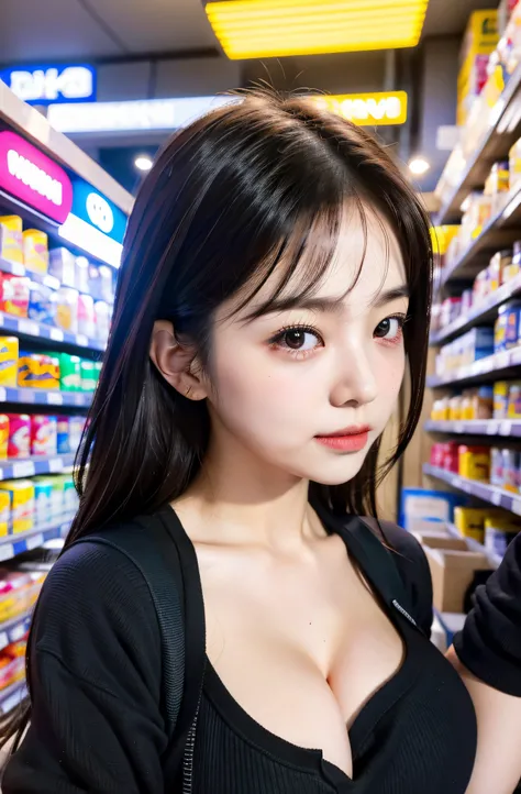 Exposed nipples、Exposed underwear、Convenience store clerk、cash register、konbini、serving customers、Wearing a uniform、24-hour convenience store：Daily life of a night shift clerk。Photorealistic images of solo idols, Morning Musume inspired by Eri Kamei, Radia...