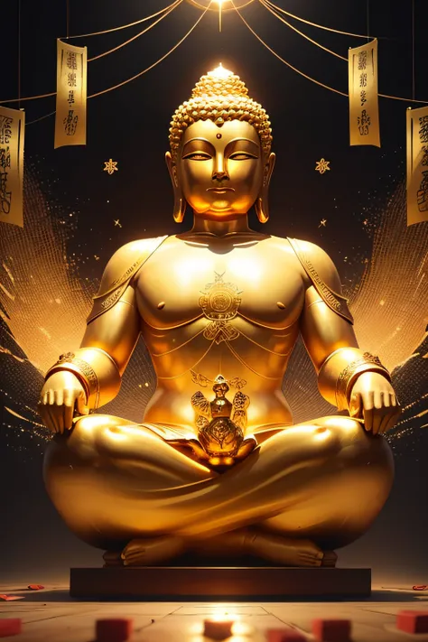 A large golden Buddha faces towards us and puts its palms together to pray for better financial luck.、The background is a hexagram and money is falling.、Looks like you&#39;ll have good luck with money