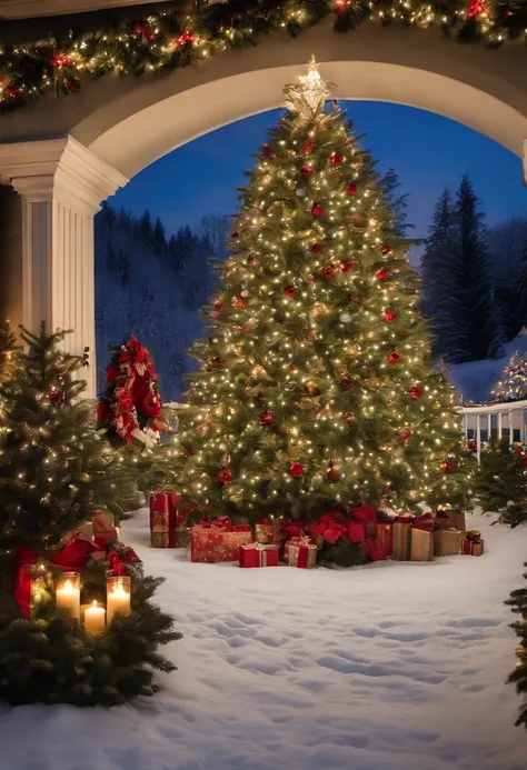 Capture an image of an outdoor Christmas tree with a beautifully decorated surrounding area, such as festive wreaths, garlands, and light displays, creating a visually immersive holiday scene