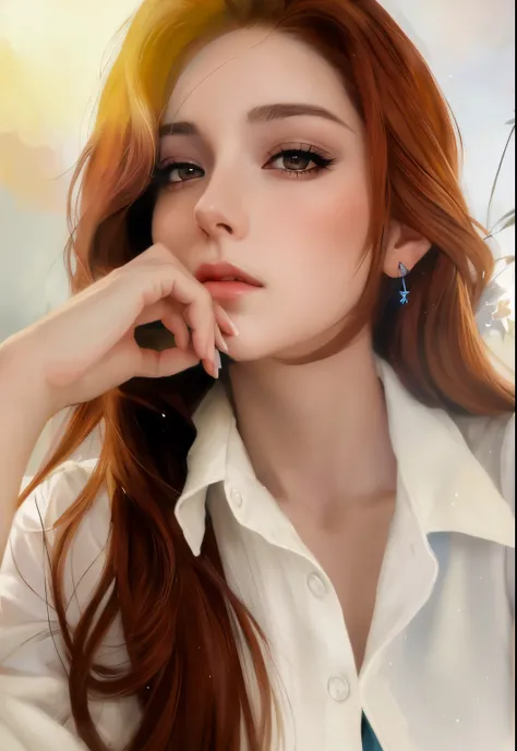 um close up de uma mulher com cabelos ruivos e uma camisa branca, estilo de arte realista, arte de anime realista, pintado em anime painter studio, 🤤 retrato da menina, realismo artstyle, estilo realismo anime, fotorrealista!!!!!!! estilo de arte, feito co...