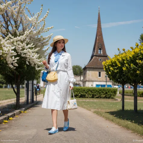 Un canard blanc avec un chapeau bleu avec une fleur blanche et jaune et un sac en forme de fraise