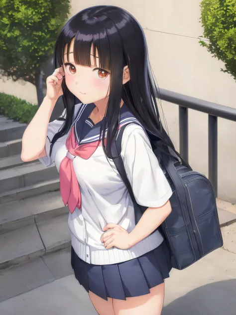 anime girl in a school uniform standing on steps with her hand on her head, anime visual of a cute girl, beautiful anime high school girl, official art, nagatoro, official artwork, a hyperrealistic schoolgirl, marin kitagawa fanart, hinata hyuga, young ani...