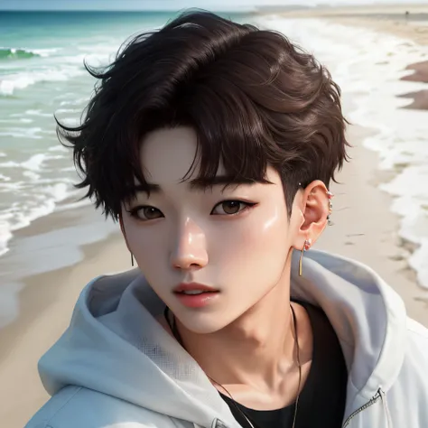 Jungkook do BTS na praia, cabelo longo e piercings no rosto