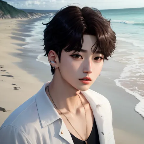 Jungkook do BTS na praia, cabelo longo e piercings no rosto