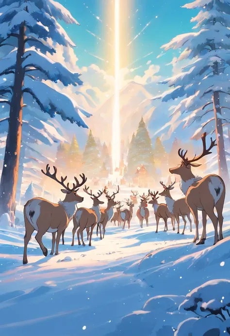 Capture a wide-angle shot of a group of Christmas reindeer grazing in a snowy field, showcasing their natural habitat and the beauty of the winter landscape