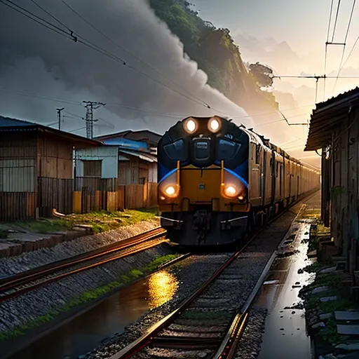 Using advanced artificial intelligence techniques, create a realistic image of a train passing over a stream in a favela. The image should have exceptional quality, with precise details and an impressive cinematic style. Make sure to capture the unique atm...