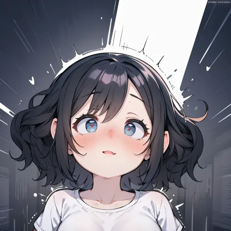 Loli, video gamer, wearing translucent short T-shirt, black hair, ((blush: 0.8)), natural skin texture, 4K textures, highly detailed, insane details, faint colors , ((long wavy hair)), ((smile on face: 0.4)), (, creampie: 0.2), ((looking directly at the ca...