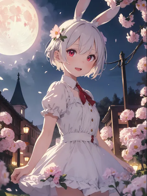 (masterpiece, best quality:1.2), illustration, absurdres, highres, extremely detailed, 1 petite girl, white short hair, rabbit ears, red eyes, eye highlights, dress, short puffy sleeves, frills, outdoors, flower, fluttering petals, upper body, (moon:1.2), ...