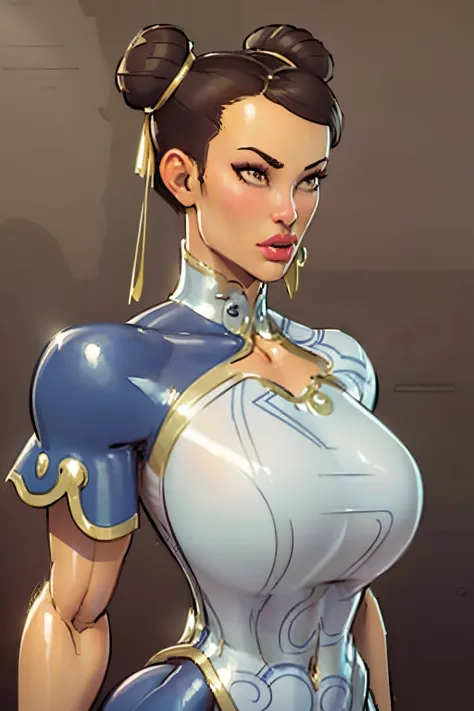 chun-li, from street fighter,(big breast:1.5),dynamic poses, totally wide open her chest,super perfect body curve, hair ribbons,...