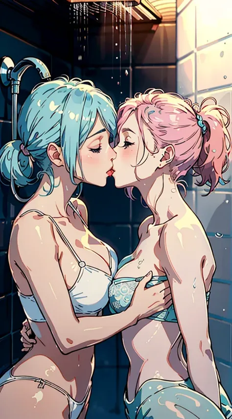 ​masterpiece, top-quality, Hi-Res,((( 2girls))), ((Yuri)), ((the kiss:1.4)), (French Kissing), red blush:0.2, closed her eyes:0.5, (tongue), (Saliva), ((Touch)), hand on the breasts、bustup、bulging bust top、(pink brassiere)、Light Blue Bra、(Brown skin)、White...