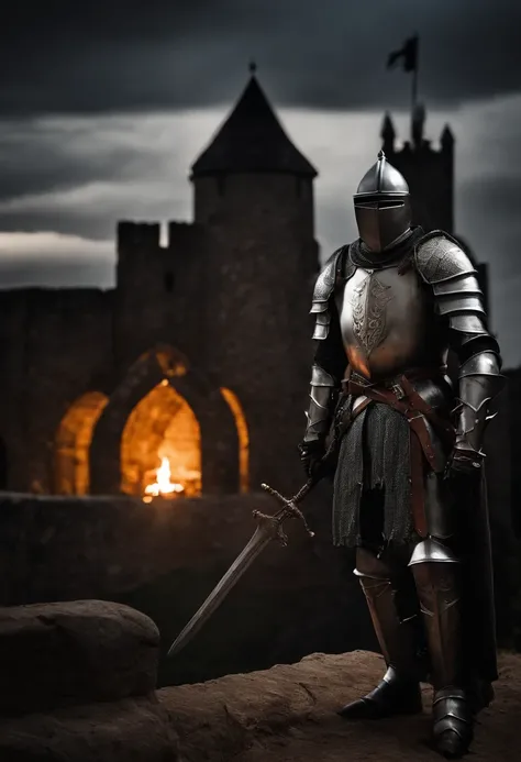 a knight in armor stands in front of a castle at night, dark souls knight, gothic knight, fantasy knight, scary knight, the dark souls knight, undead knight, strong fantasy knight, evil knight, knight, knights, wretched and corrupted knights, medieval dark...