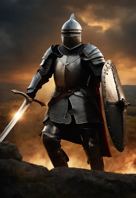 A knight with armor, helmet and sword. Close-up. Dark armor. Castle in the background. Attacking enemies.