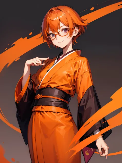 an orange、high-level image quality、Reddish-purple eyes、 Short hairstyle、Straight short、Orange hair、Kawaii Girl、Wearing glasses、Kimono、Dark Tone、A slight smil, Vibrant colors、The upper part of the body, Delicate drawing、