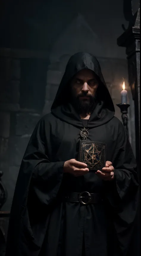 best quality,4k,8k,highres,masterpiece:1.2,ultra-detailed,realistic:1.37,Saint Cyprian the legitimate Black Cover,hooded figure,dark and mysterious,ancient manuscripts,demonic rituals,detailed depiction of spells and incantations,sinister atmosphere,candle...