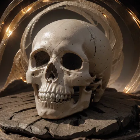 Detailed human skull with a translucent shell, showcasing an intricate miniaturized spirit sitting on the forefront of the brain, gazing out through the eyes. The spirits view reveals the inner circle within the skull, with visual echoes wrapping around th...