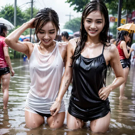 Songkran, wet street party, soaked young girls, drenched, dripping, wet clothes, wet skin, wet hair, 8k, masterpiece, photorealistic, beautiful, happy, clinging heavy clothes