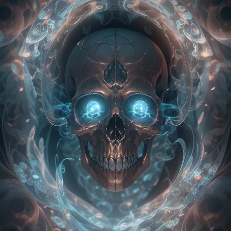 Detailed human skull with a translucent shell, showcasing an intricate miniaturized spirit sitting on the forefront of the brain, gazing out through the eyes. The spirits view reveals the inner circle within the skull, with visual echoes wrapping around th...