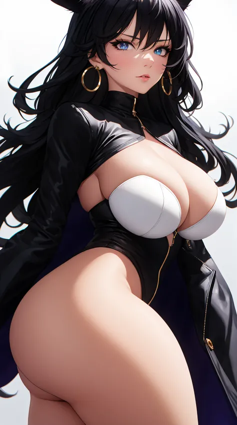 (best quality:1.5, highres, UHD, 4K, detailed lighting, shaders), black wavy hair, gradient hair, cat ears, large breasts,long coat, big butt, big thighs, mature woman , (pov), white background, colorful eyeshadow, dramatic lighting, sparkling eyes, sensua...