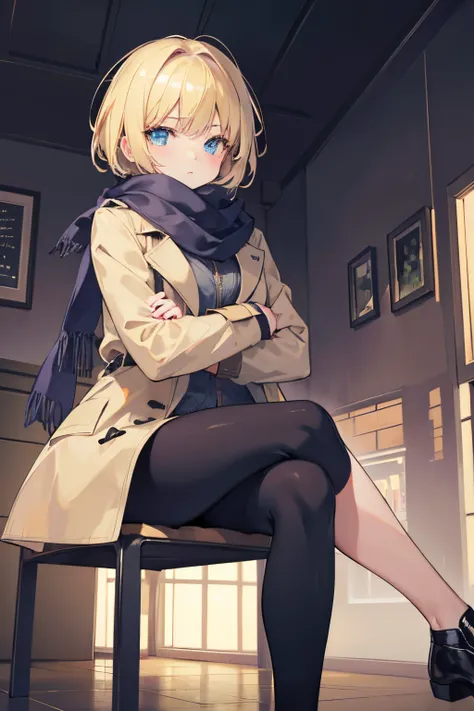 Masterpiece, 1 girl, solo, short blond hair, trench coat, scarf, sitting crossed legged, chillerism