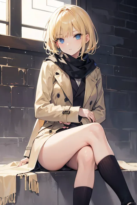 Masterpiece, 1 girl, solo, short blond hair, trench coat, scarf, sitting crossed legged, chillerism